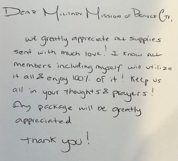 Handwritten thank-you note to Military Mission of Beaver County expressing gratitude for care packages