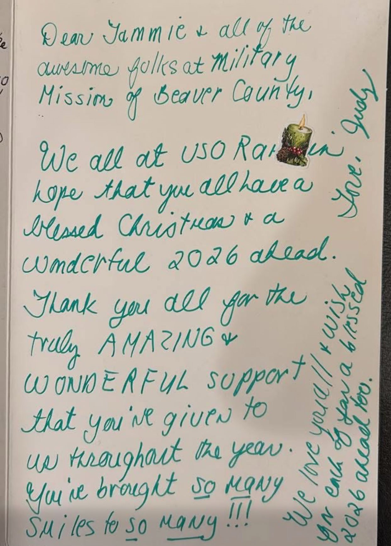 Handwritten Christmas thank-you card from USO Randolph thanking Military Mission of Beaver County volunteers