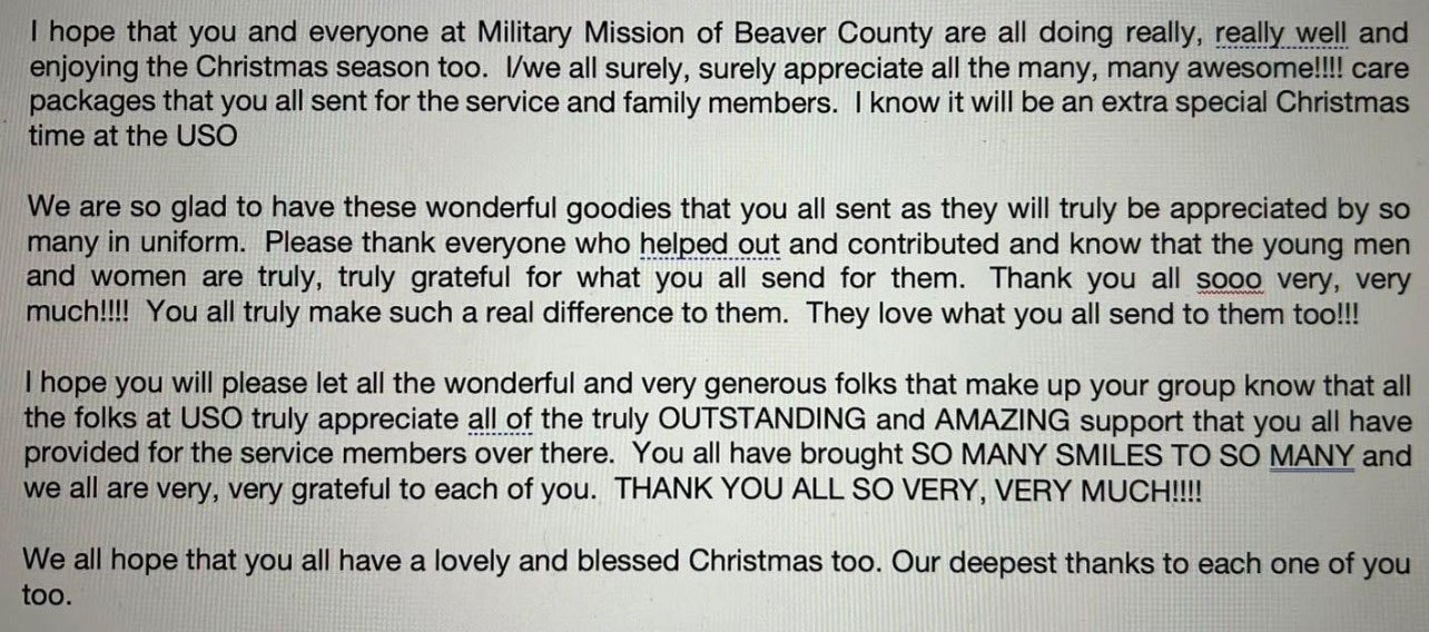 Thank-you letter from USO expressing deep gratitude for MMBC's care packages and volunteer support
